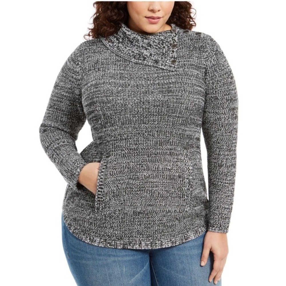 New Style & Co Black Gray Envelope Neck Button Detail Cozy Knit Sweater Large